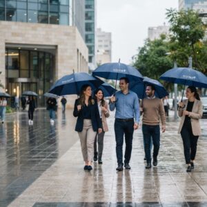 מטרייה איכותית עם לוגו חברה מונחת במשרד מודרני